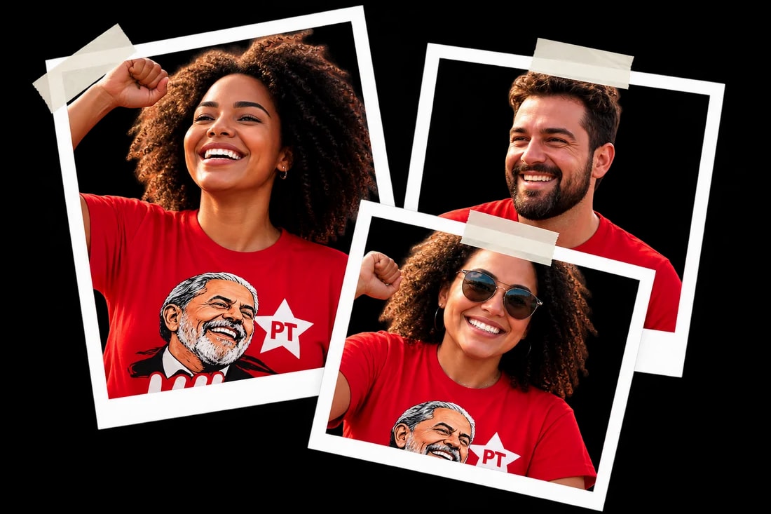 Apoiadores sorrindo com a camiseta do Lula